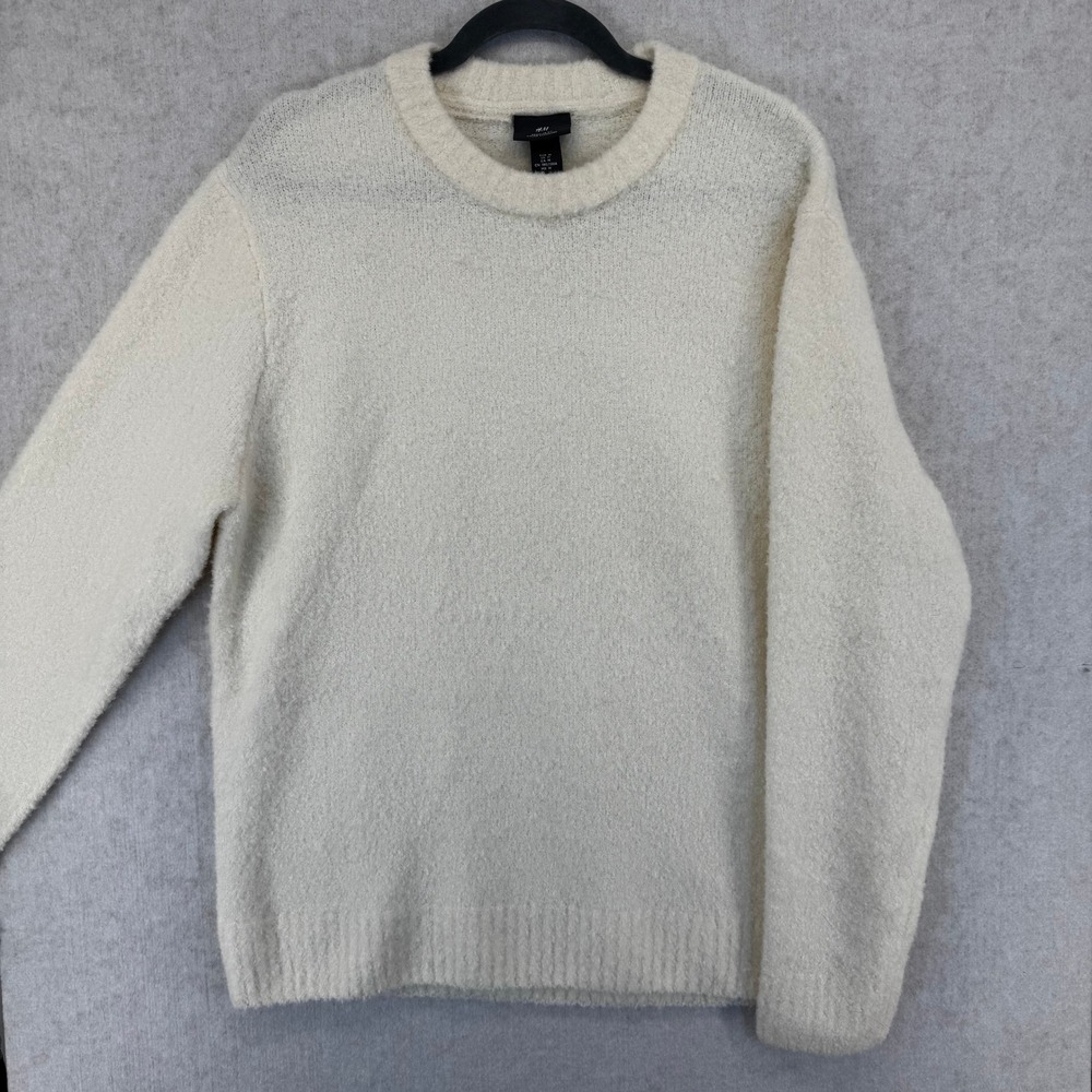 HM Mens Regular Fit Medium Cream White Textured Fuzzy Wool Blend Sweater